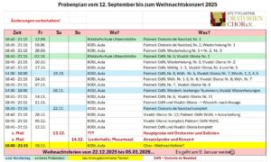 Rehearsal schedule for a choir from September 12 to Christmas concert 2023, detailing dates, times, and locations for performances and practices.