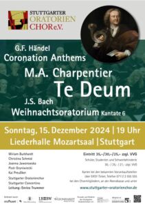 Concert poster for Stuttgarter Oratorienchor featuring works by Händel, Charpentier, and Bach. Event on December 15, 2024, at Liederhalle Mozartsaal, Stuttgart. Includes an image of a composer and details about ticket prices and performers.