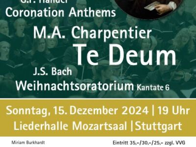 Concert poster for Stuttgarter Oratorienchor featuring works by Händel, Charpentier, and Bach. Event on December 15, 2024, at Liederhalle Mozartsaal, Stuttgart. Includes an image of a composer and details about ticket prices and performers.