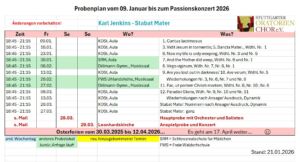 Rehearsal schedule for Karl Jenkins' "Stabat Mater" from January 9 to April 17, 2026, detailing dates, times, and locations. Includes performance dates and participant groups.