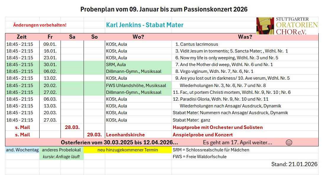 Rehearsal schedule for Karl Jenkins' "Stabat Mater" from January 9 to April 17, 2026, detailing dates, times, and locations. Includes performance dates and participant groups.
