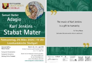 Concert poster for Samuel Barber's "Adagio" and Karl Jenkins' "Stabat Mater" on March 29, 2026, at Leonhardskirche Stuttgart. Includes a quote praising Karl Jenkins' music. Hosted by Stuttgarter Oratorienchor with details of performances and sponsors.