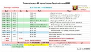 Rehearsal schedule for Karl Jenkins' "Stabat Mater" from January 9 to Easter 2026, detailing dates, times, and locations, with sections highlighted in green and red for emphasis.