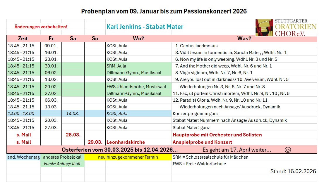 Rehearsal schedule for Karl Jenkins' "Stabat Mater" from January 9 to Easter 2026, detailing dates, times, and locations, with sections highlighted in green and red for emphasis.