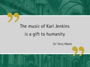 Quote about Karl Jenkins' music, attributed to Sir Terry Waite, on a background featuring cathedral arches.