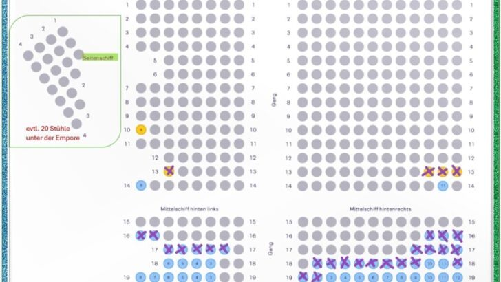 Seating plan diagram with dots representing seats, some marked with Xs and Os indicating availability. There is a section highlighted with a green label. Borders have a colorful pattern.