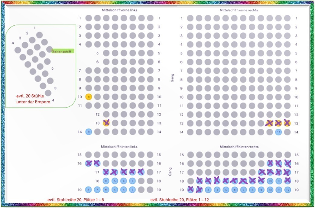 Seating plan diagram with dots representing seats, some marked with Xs and Os indicating availability. There is a section highlighted with a green label. Borders have a colorful pattern.