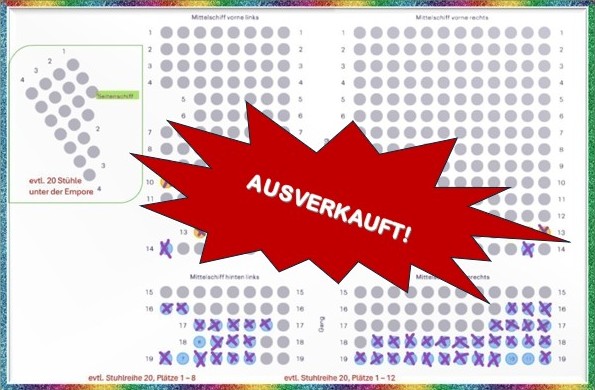 Seating chart with most seats marked. A large red starburst shape in the center reads "AUSVERKAUFT!" indicating sold out.