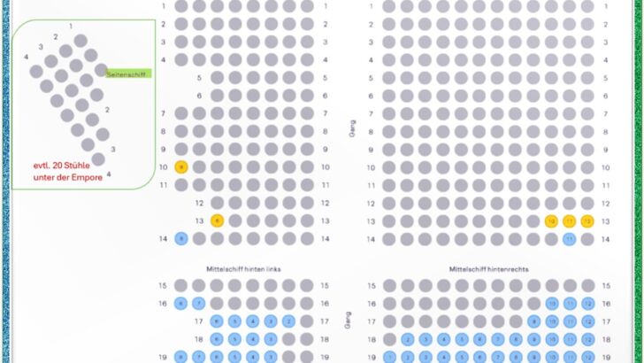 Seating chart with gray circles representing seats, some highlighted in blue and yellow indicating different sections.