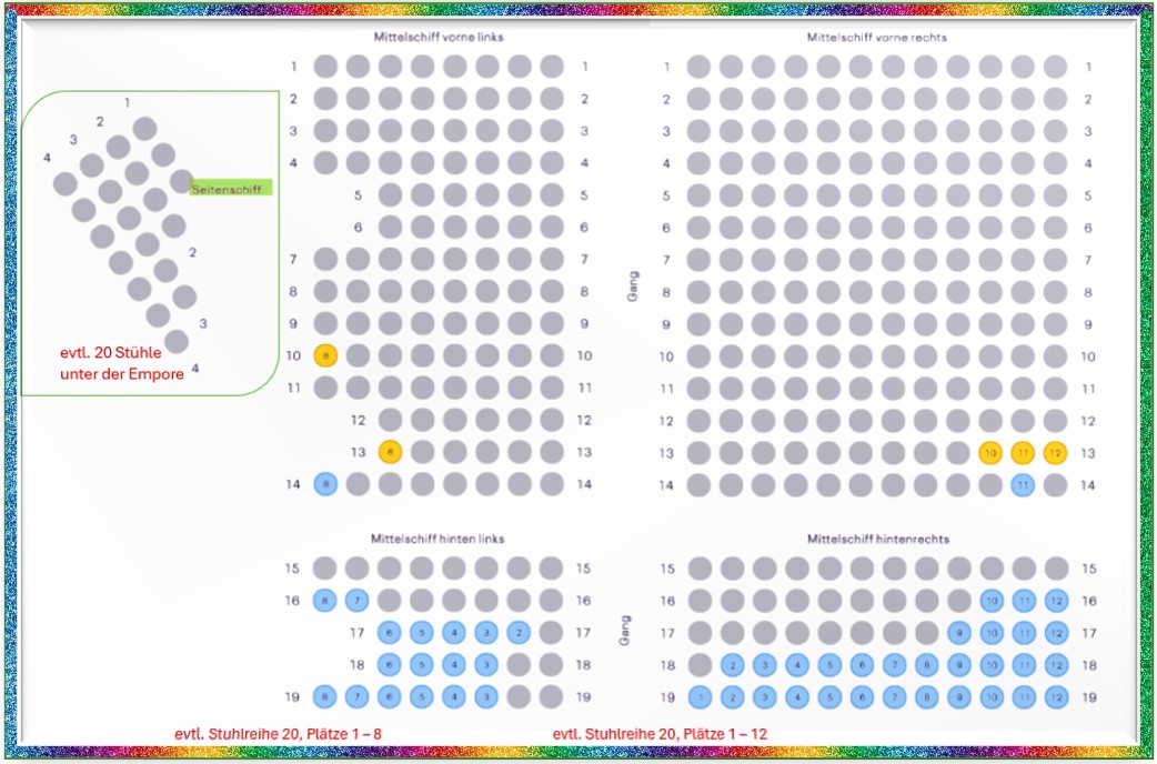 Seating chart with gray circles representing seats, some highlighted in blue and yellow indicating different sections.