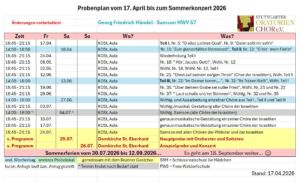 Schedule for choir rehearsals leading to the summer concert in 2026, detailing dates, times, locations, and pieces to be practiced, focused on Handel’s work.