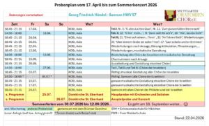 Rehearsal schedule from April 17 to July 19, 2026, for Georg Friedrich Händel's "Messiah," detailing dates, times, and sections to be practiced, with additional notes in German.