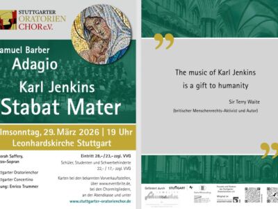 Concert poster featuring Samuel Barber's "Adagio" and Karl Jenkins' "Stabat Mater" on Palm Sunday, March 29, 2026, at Leonhardskirche Stuttgart. Includes event details, a quote about Karl Jenkins' music, and logos of organizers.