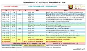 Rehearsal schedule for a choir from April 17 to the summer concert in 2026, detailing dates, times, and locations, with a focus on Handel's "Samson HWV 57."