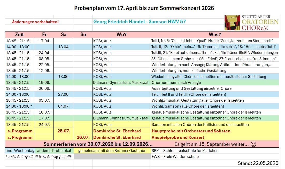 Rehearsal schedule for a choir from April 17 to the summer concert in 2026, detailing dates, times, and locations, with a focus on Handel's "Samson HWV 57."