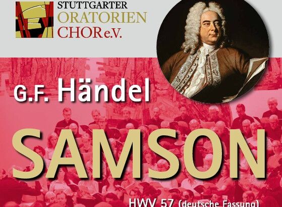 Poster for G.F. Handel's "Samson" by Stuttgarter Oratorienchor, featuring an image of Handel and an audience background.