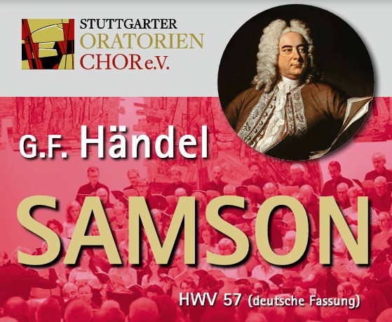 Poster for G.F. Handel's "Samson" by Stuttgarter Oratorienchor, featuring an image of Handel and an audience background.