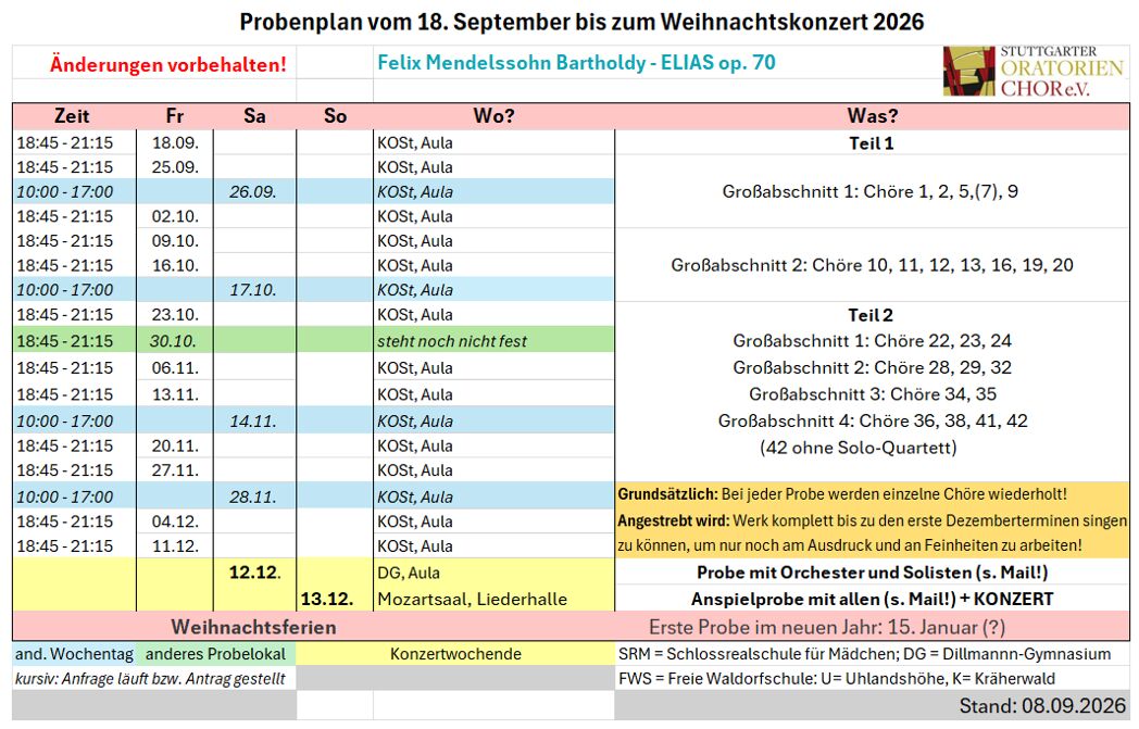 Rehearsal schedule for a Christmas concert from September 18 to December 9, 2026, listing dates, times, and activities. Includes details for Felix Mendelssohn Bartholdy's "Elijah" with specific parts for the choir and orchestra, noted exceptions, and a contact name for further details.