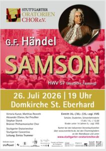 Poster for the oratorio "Samson" by G.F. Handel, performed by Stuttgarter Oratorienchor on July 26, 2026, at Domkirche St. Eberhard.